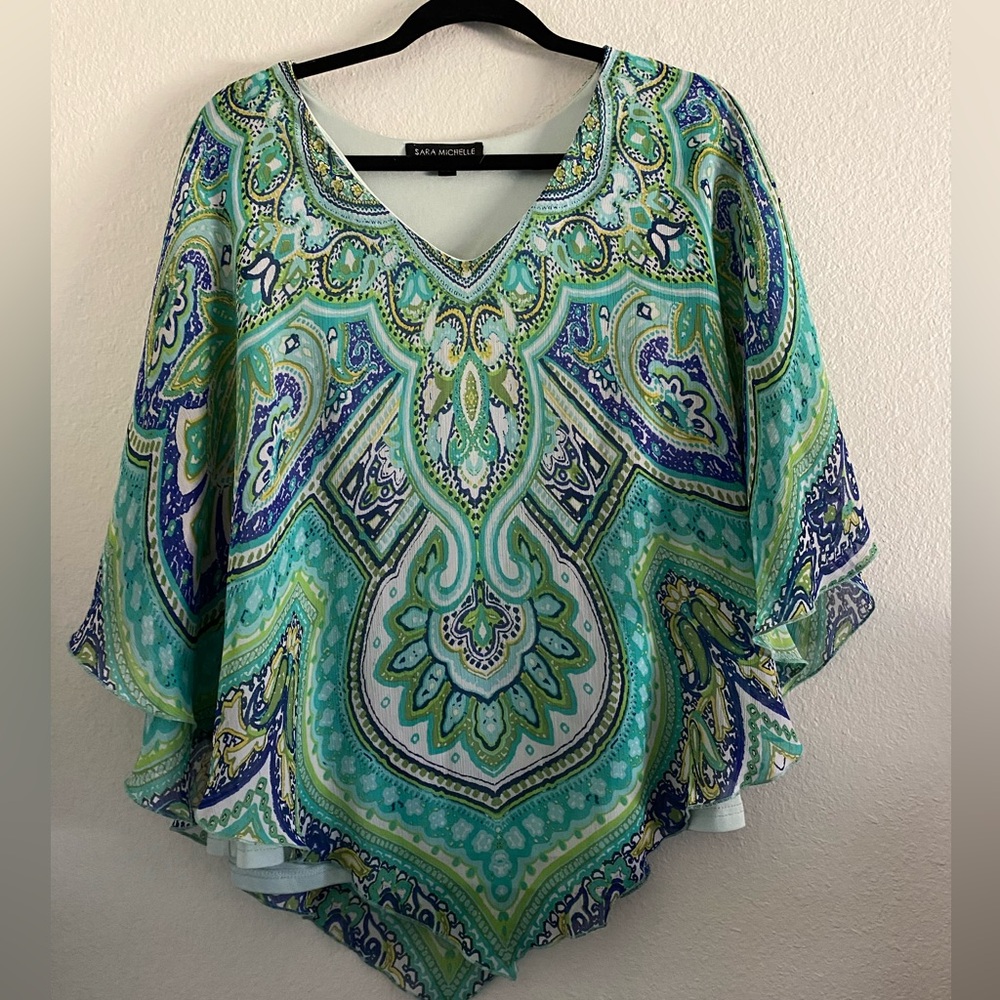 Sara Michelle Top Blouse Poncho Paisley Colorful Boho